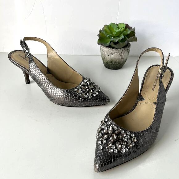 Adrienne Vittadini Surya Slingback Shoes Sz 6M Snake Skin Crystals Pewter Glam - Picture 3 of 15